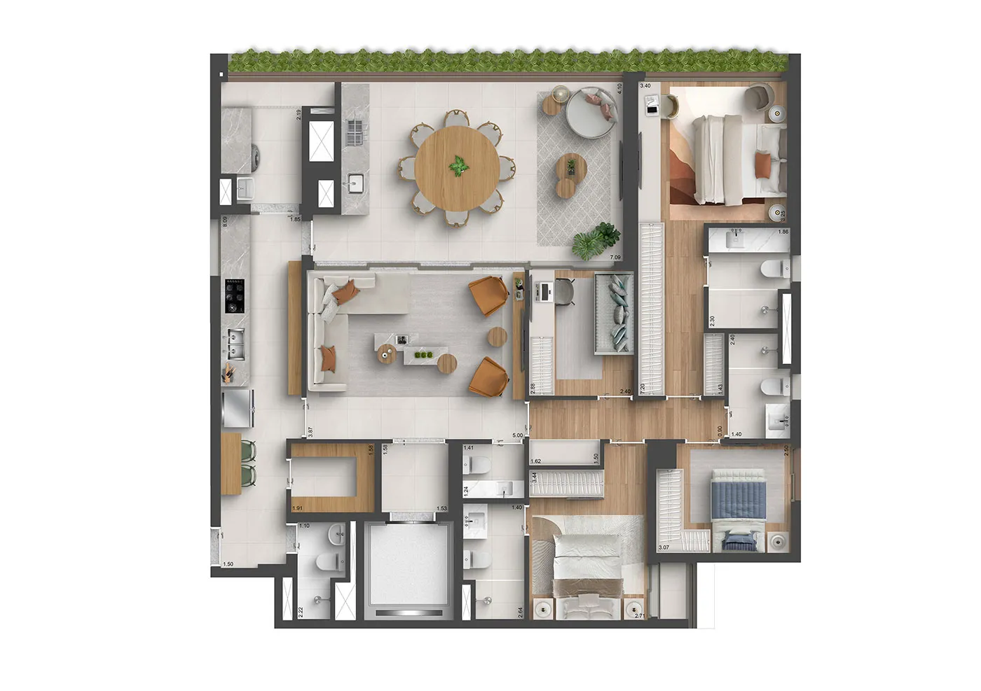 Planta padrão de 164 m² com 4 dormitórios e 2 suítes