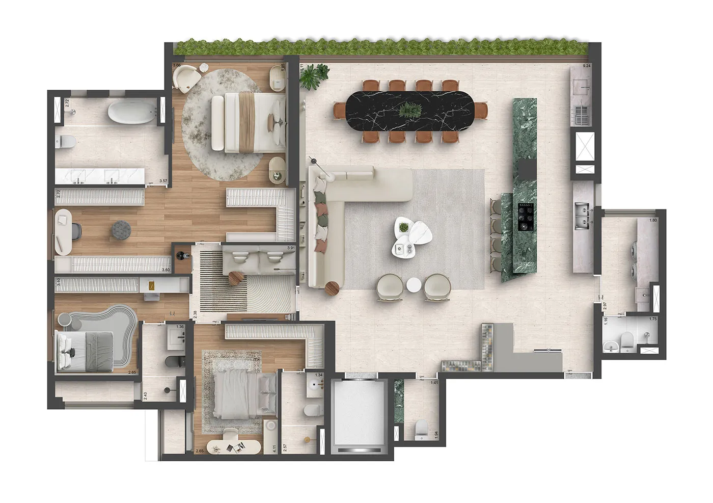 Planta opção de 207 m² com 3 suítes, suíte master ampliada, banho master e cozinha aberta