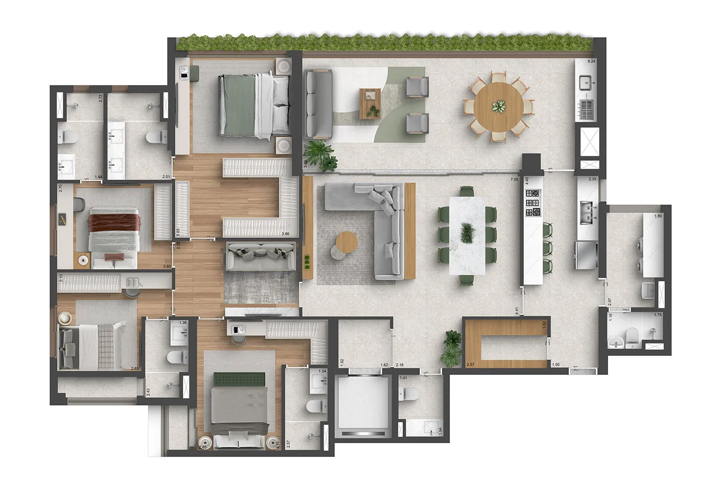 Planta padrão de 207 m² com 4 suítes
