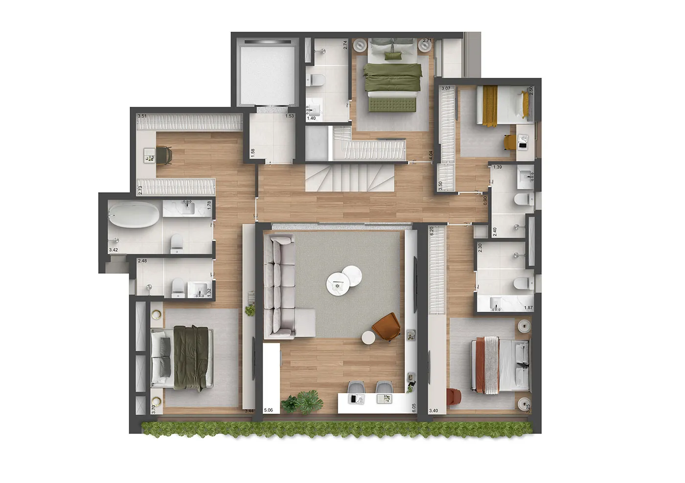 Planta do pavimento inferior do duplex de 306 m² com 4 suítes