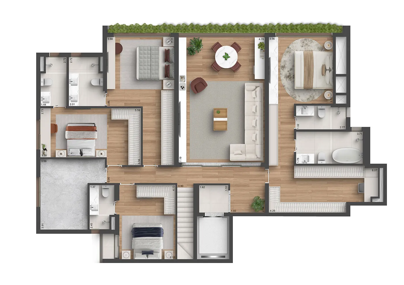 Planta do pavimento inferior do duplex de 395 m² com 4 suítes