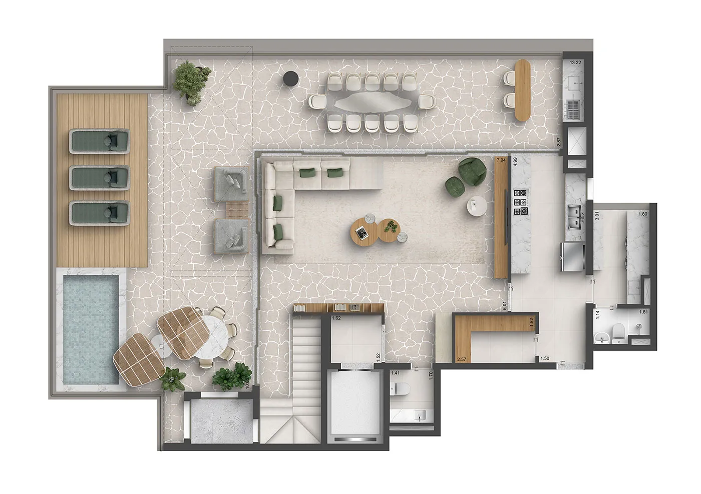 Planta do pavimento superior do duplex de 395 m² com piscina entregue